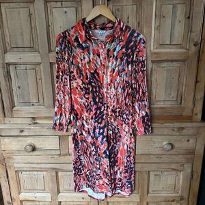CAbi Size Medium Colorful Dress 3/4 Sleeve Watercolor Collared Rayon‎ Red  *Flaw